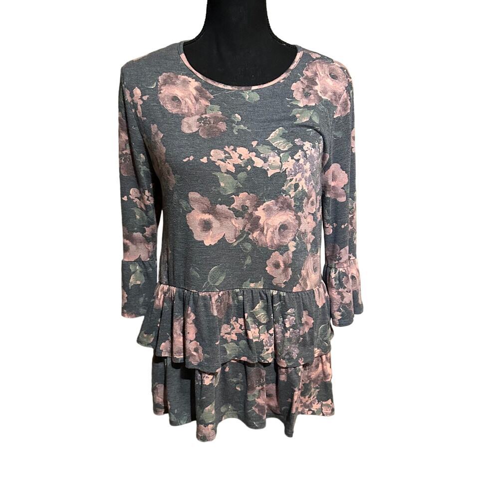 Chris & Carol Pink and Gray Rose Print Top Women's S Small